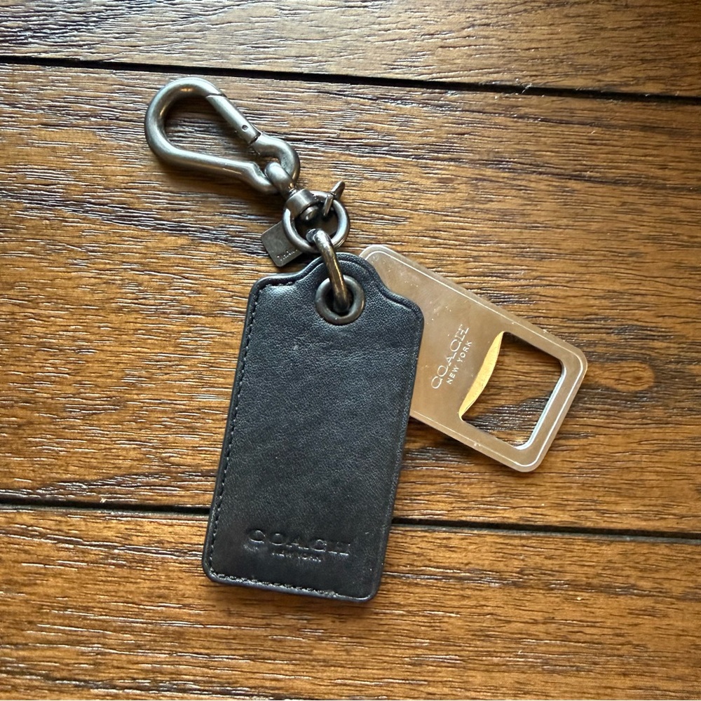 Coach Black and Silver Leather Keychain with Bottle Opener